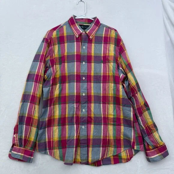 Ralph Lauren Shirt Mens L Multicolor Colorful Madras Plaid Pony Custom Fit - Picture 1 of 9